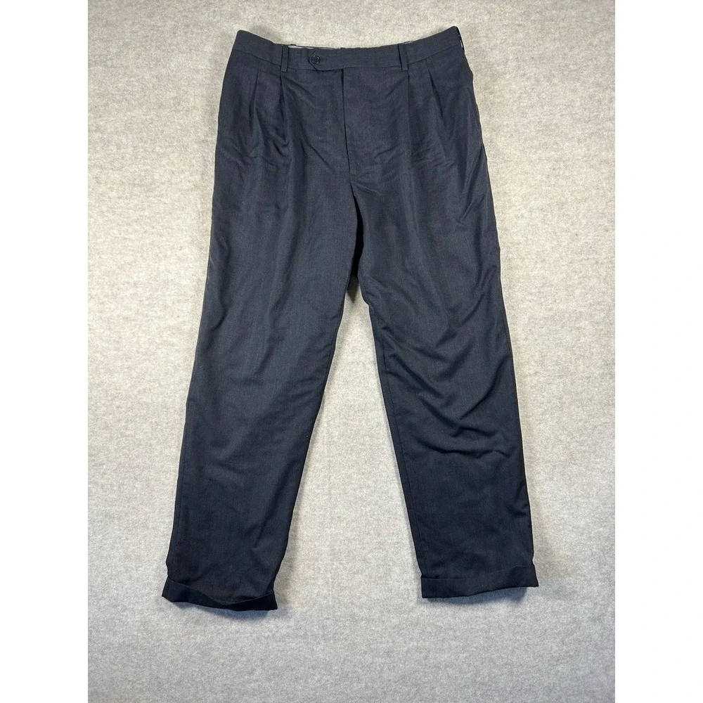 Tom James 40R Charcoal Pleated Cuffed 100% Wool Mens Dress Pants